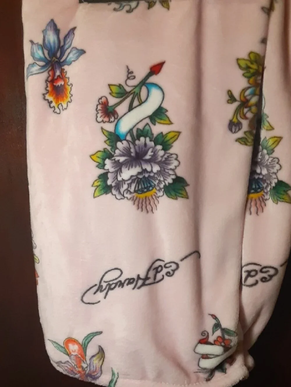Ed Hardy Soft Pink Throw Blanket with colorful Floral Patterns